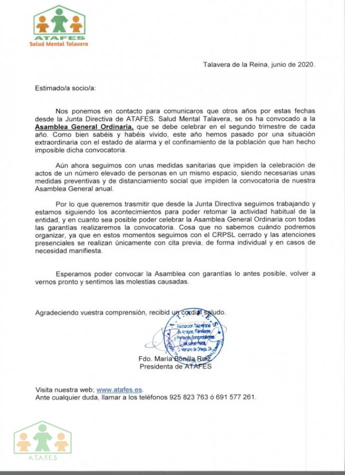 APLAZAMIENTO ASAMBLEA GENERAL ATAFES