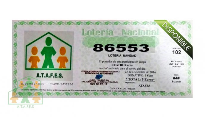 Disponible la Loteria de Navidad de ATAFES - Número 86553